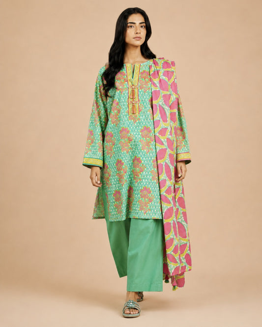 Alkaram Studio mint green and pink floral printed lawn 2-piece front view