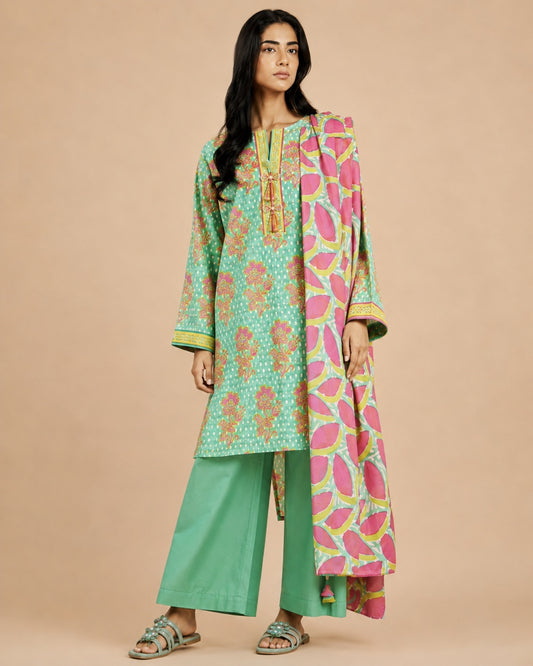 Alkaram Studio mint and pink unstitched lawn suit styled view