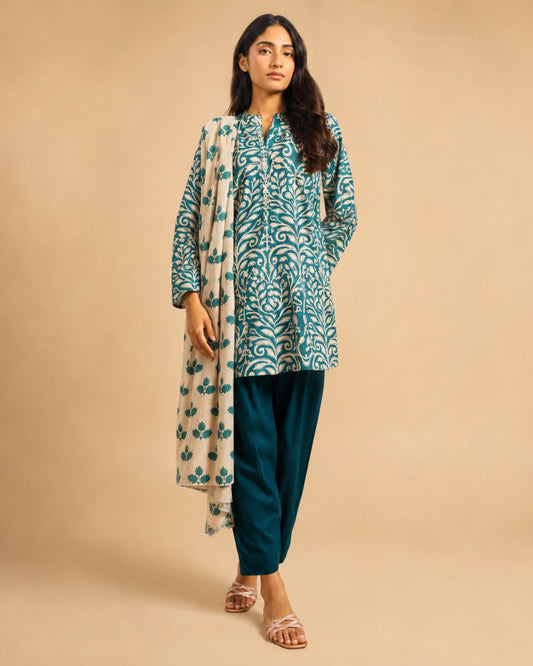 Alkaram Studio teal and ivory unstitched cambric suit styled view