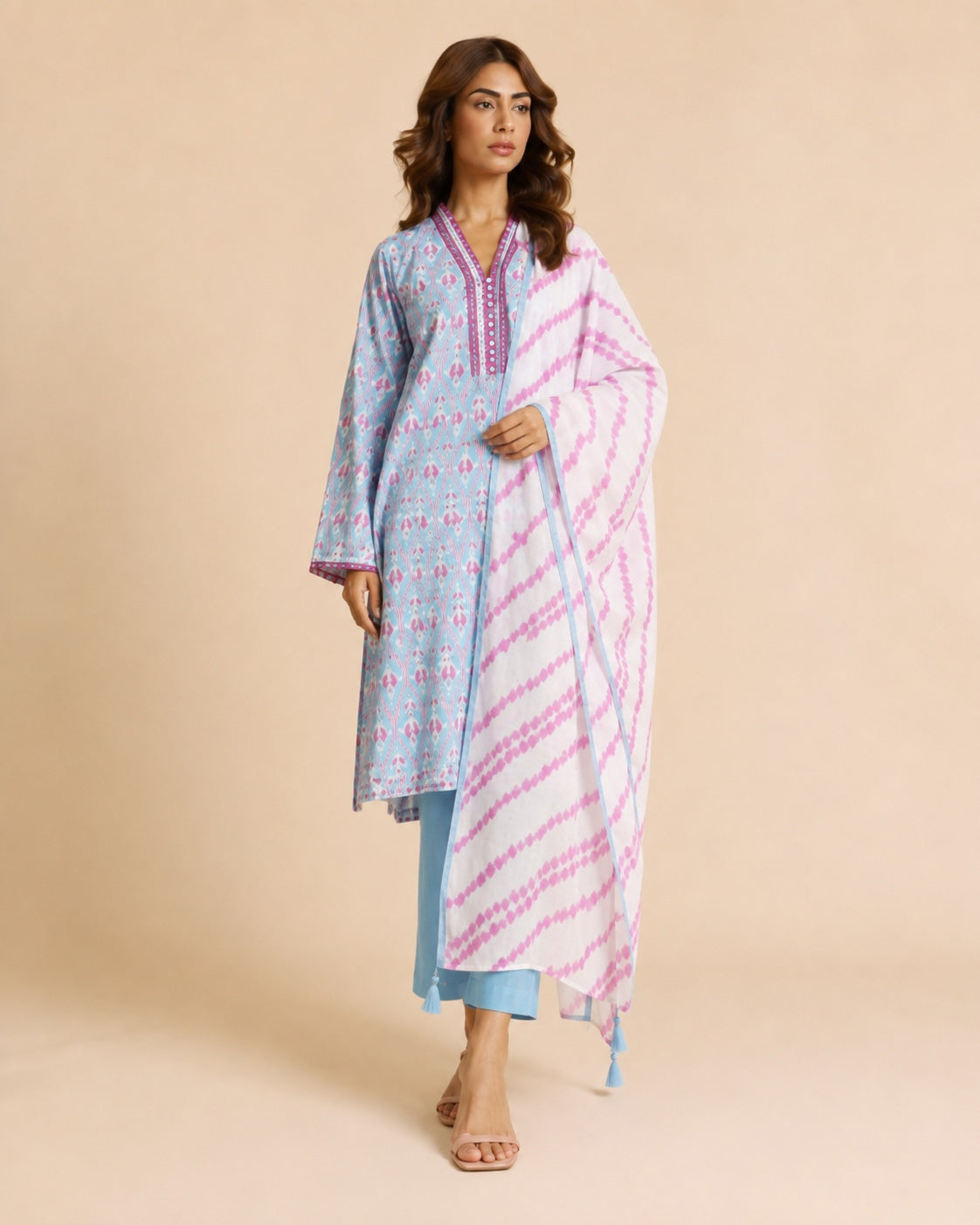 Alkaram Studio sky blue ikat shirt and pink dupatta full-length view