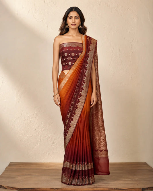 Banarsi Georgette Chiffon Booti saree in maroon and rust full front view