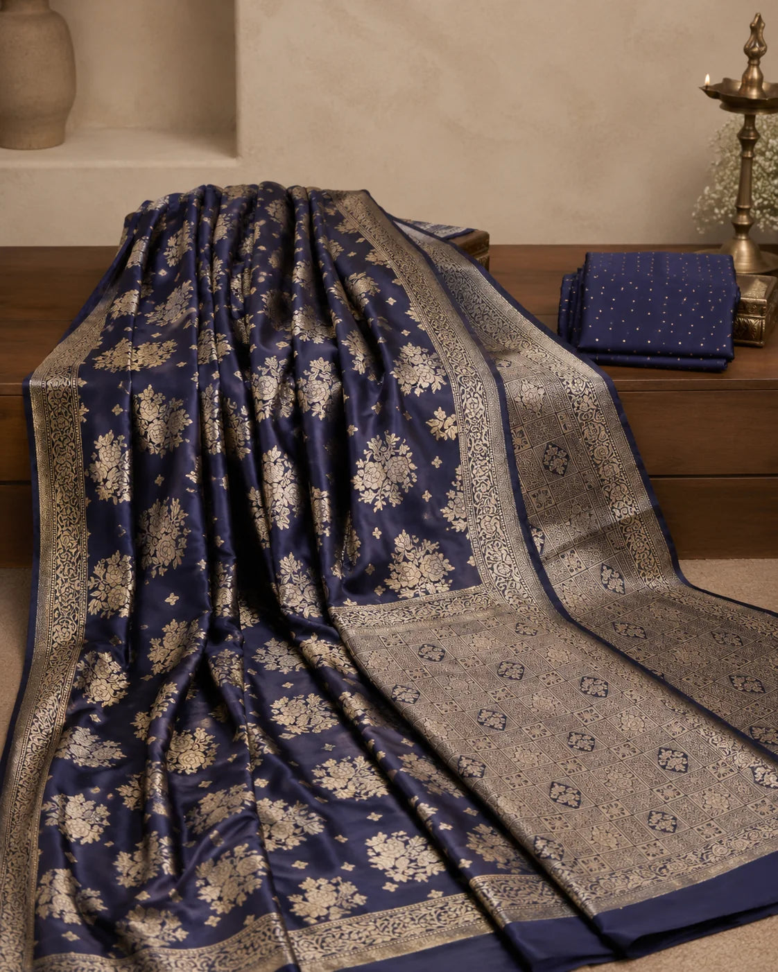 Navy blue Banarsi Georgette Chiffon Booti saree fabric display