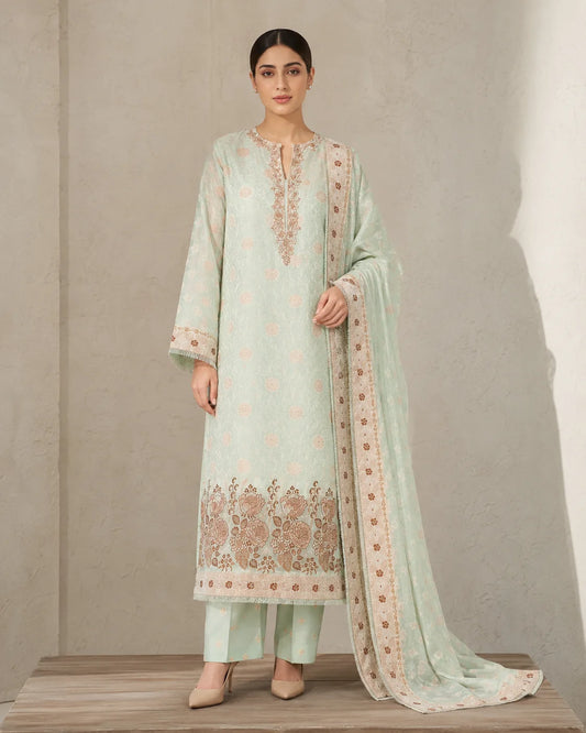 Banarsi Viskos Shifon mint green two-piece suit full front view