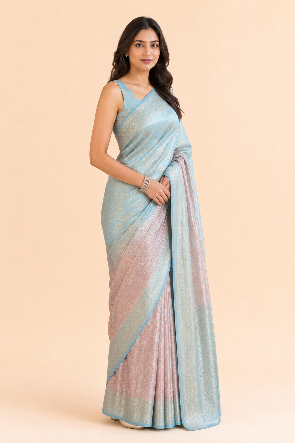 Ice blue and blush Ganga Jamna Banarsi Saree product image 3