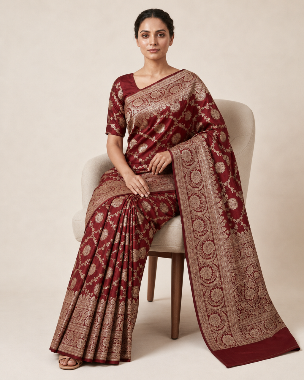 Maroon and gold Banarsi Petha Silk Saree product image 4