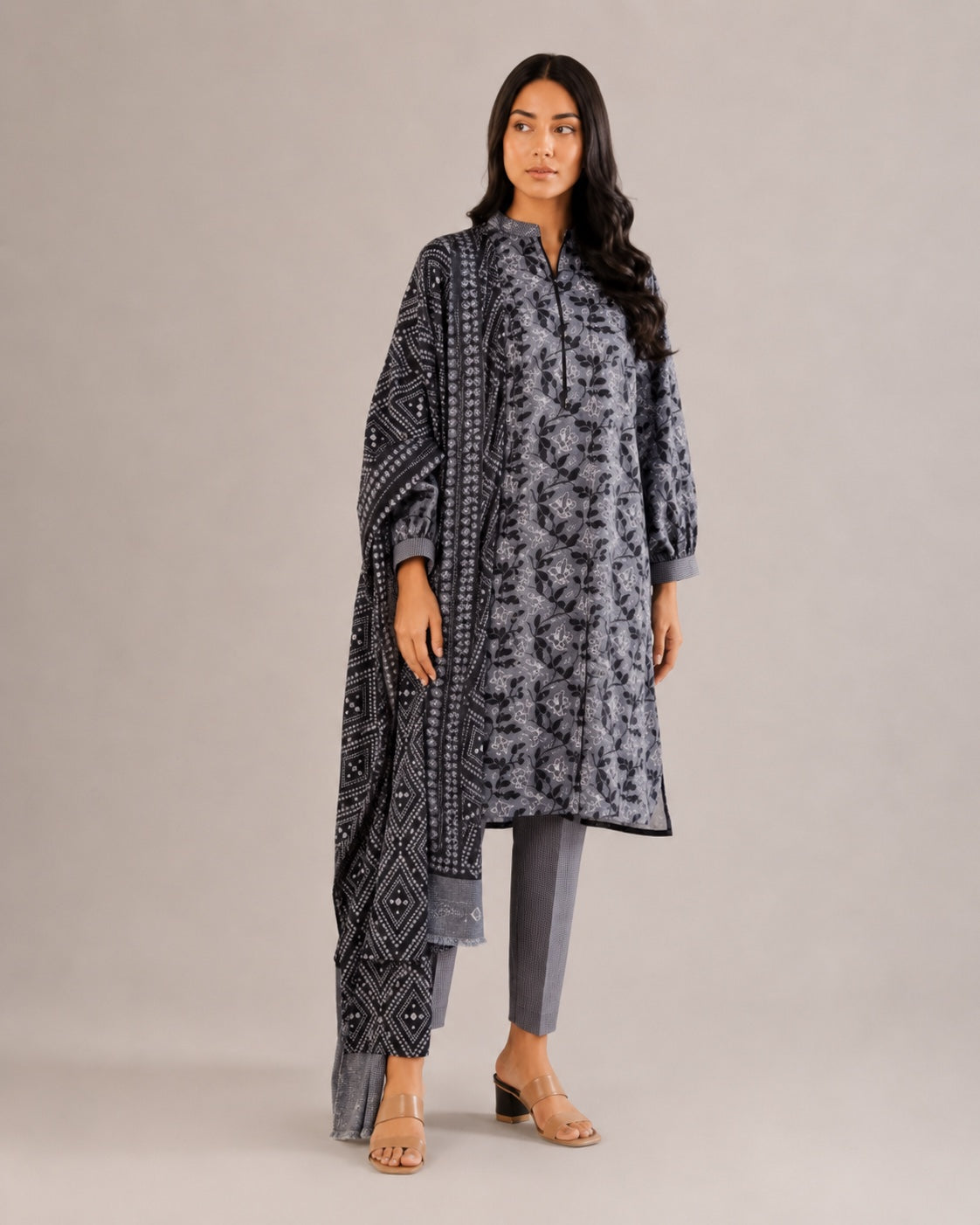 Alkaram Studio charcoal and grey floral printed lawn 2-piece front view