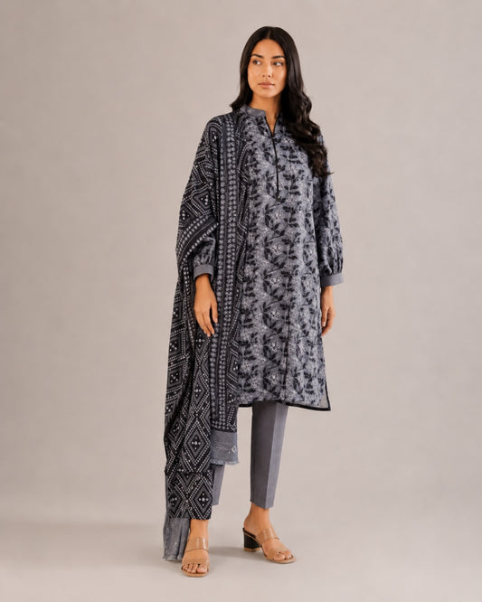 Alkaram Studio charcoal and grey floral printed lawn 2-piece front view