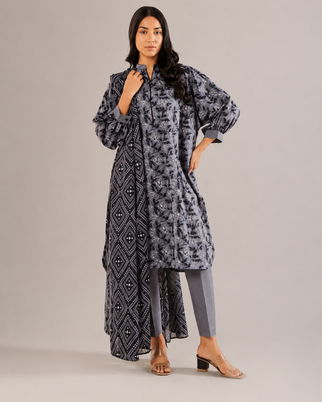 Alkaram Studio charcoal floral shirt with black geometric dupatta