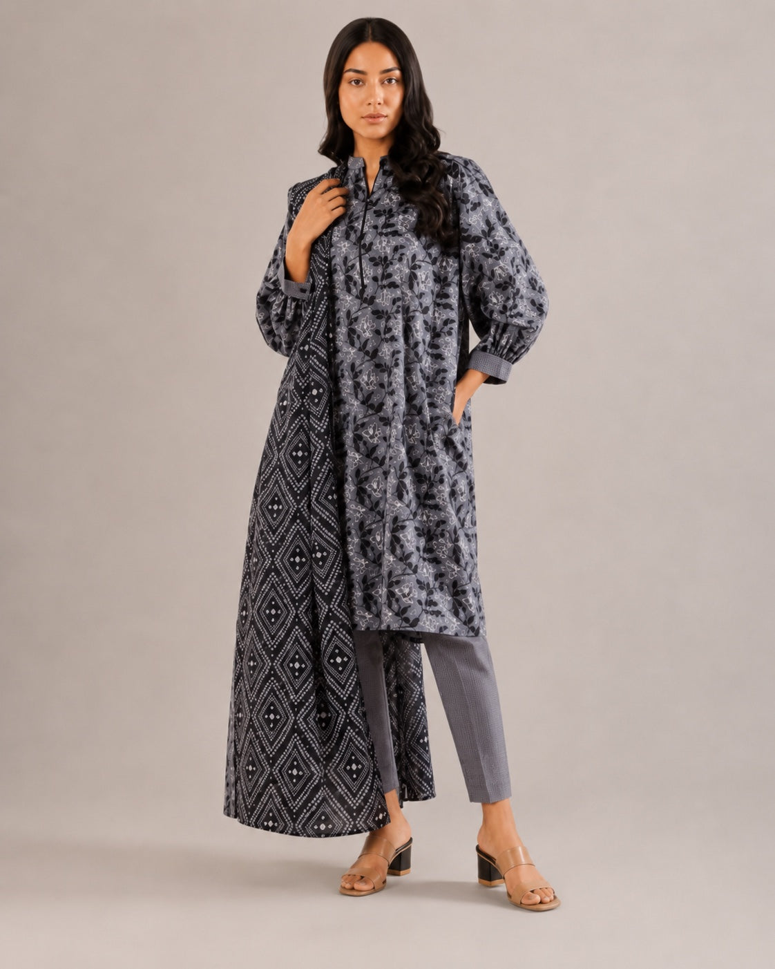 Alkaram Studio charcoal and grey unstitched lawn suit styled view