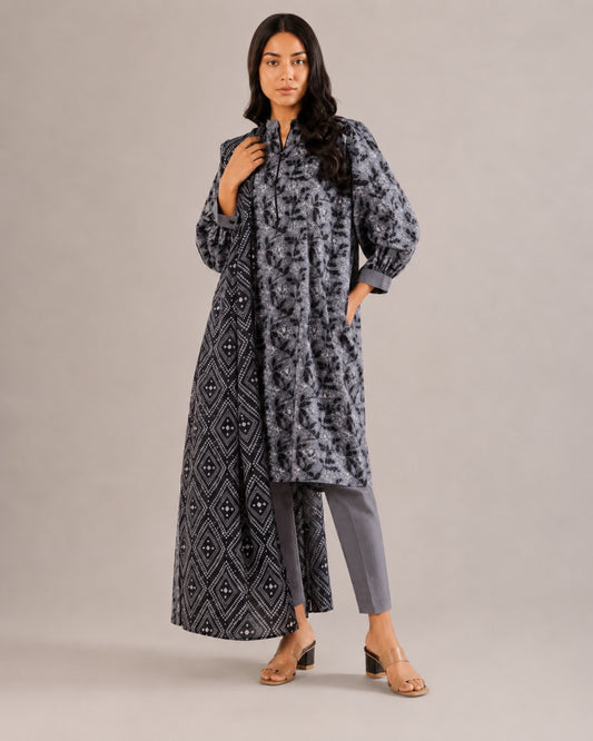 Alkaram Studio charcoal and grey unstitched lawn suit styled view