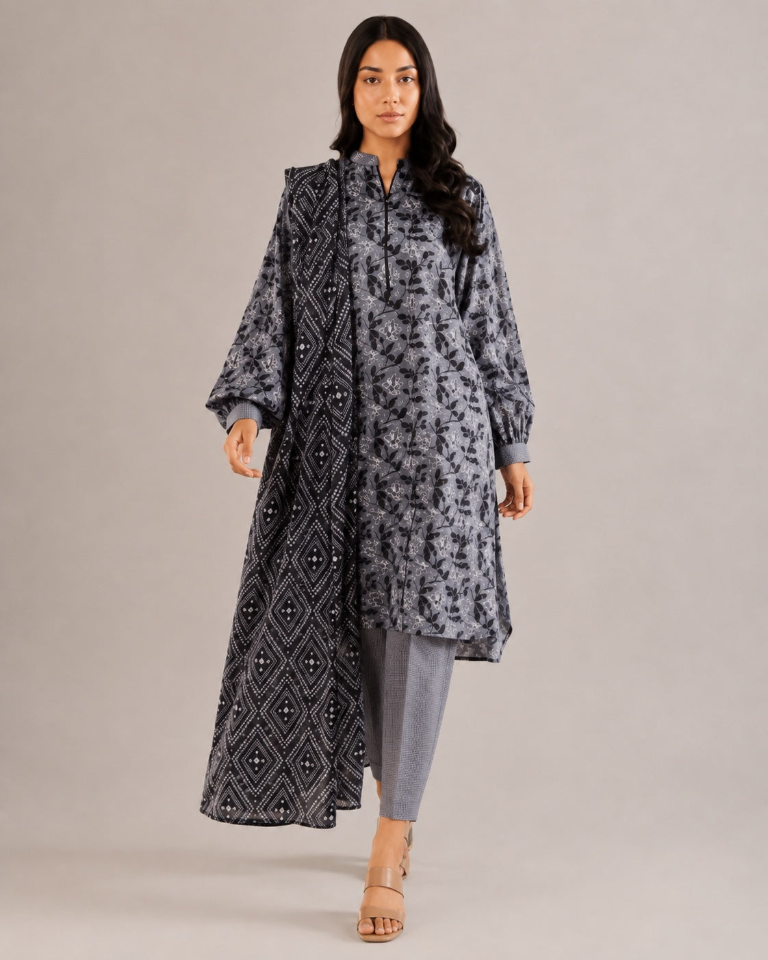 Alkaram Studio charcoal floral shirt and geometric dupatta full-length view