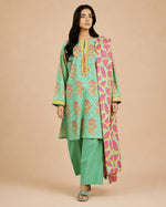 Alkaram Studio mint green and pink floral printed lawn 2-piece front view