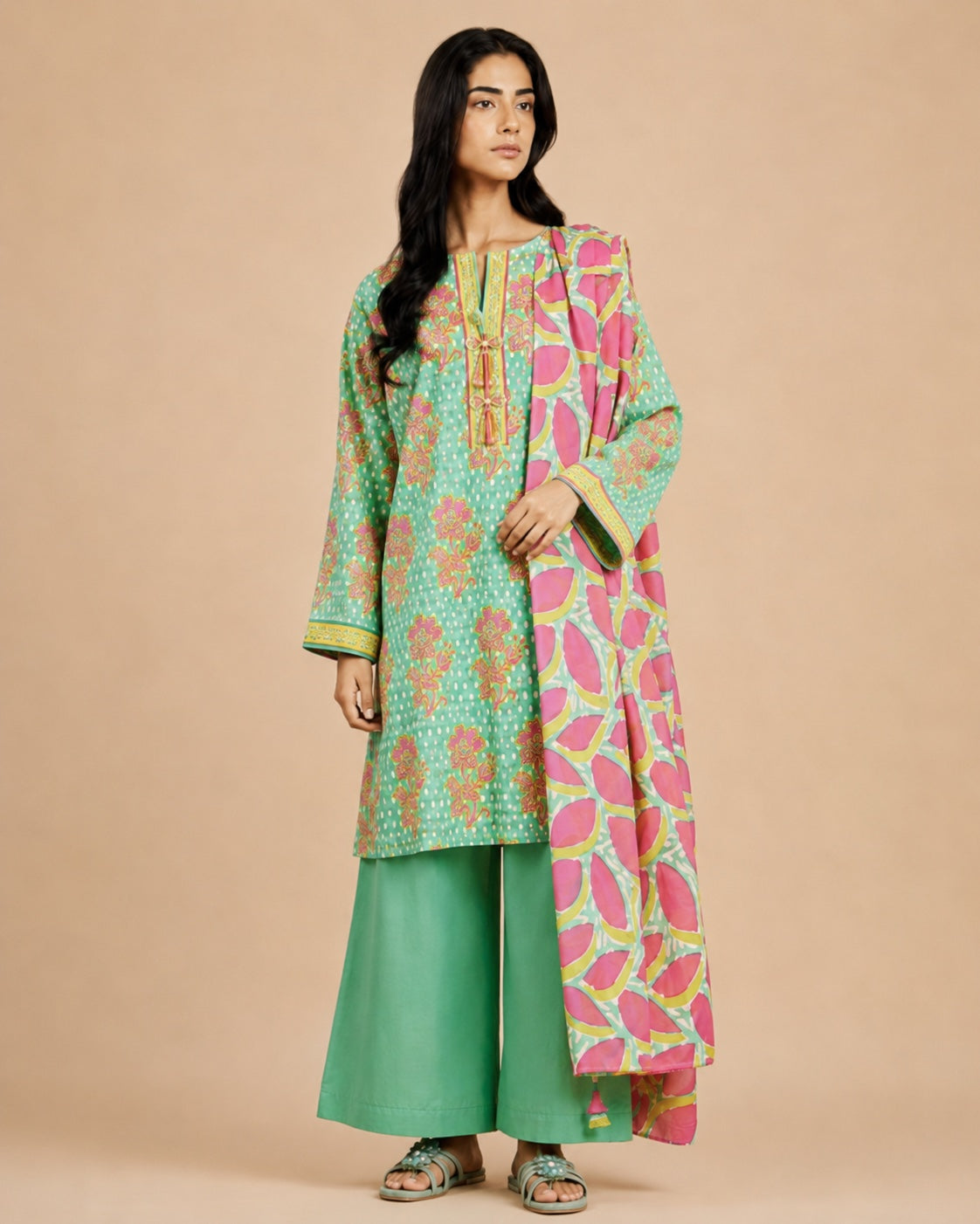 Alkaram Studio mint floral shirt with vibrant pink printed dupatta