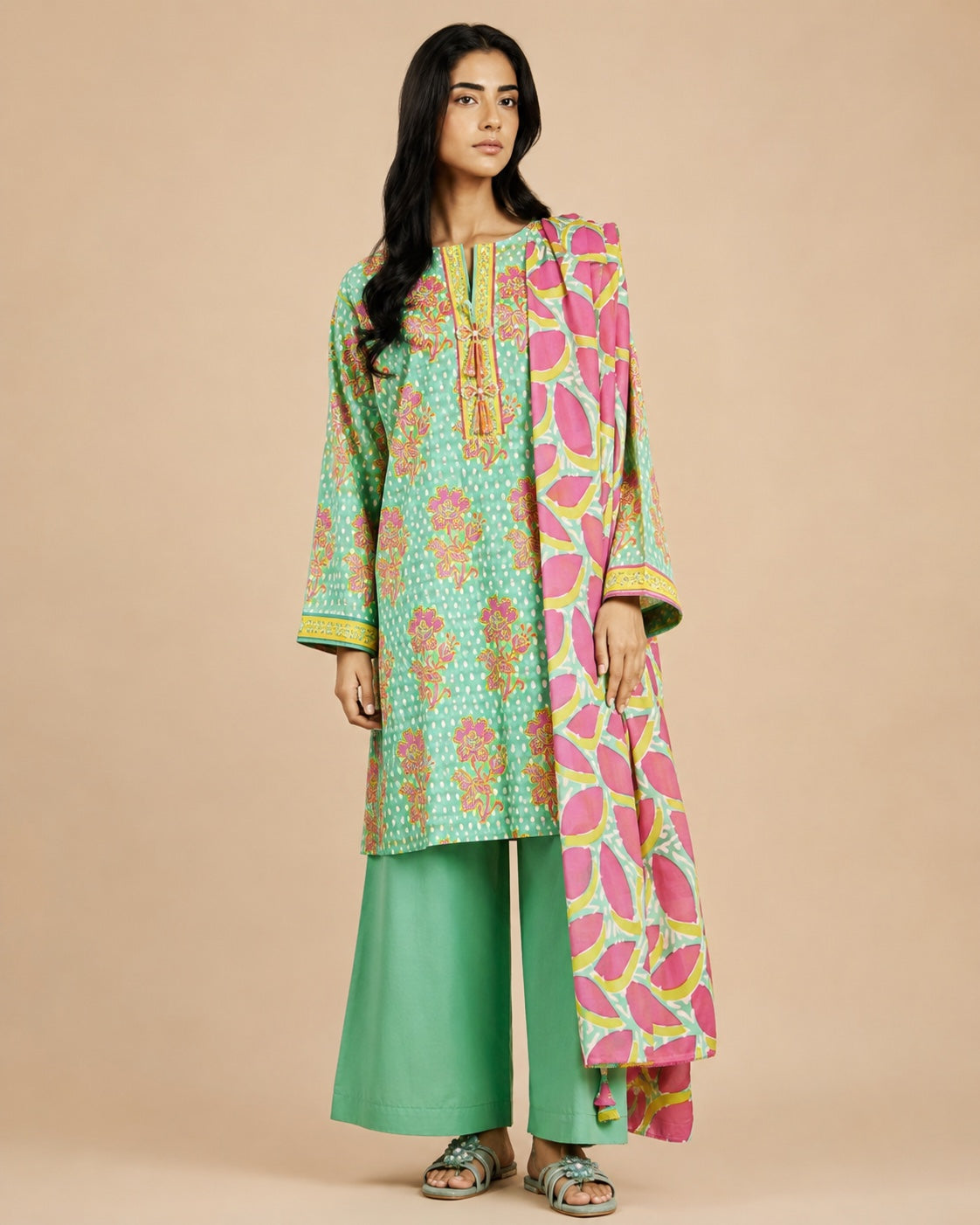 Alkaram Studio mint green floral shirt and pink dupatta full-length view
