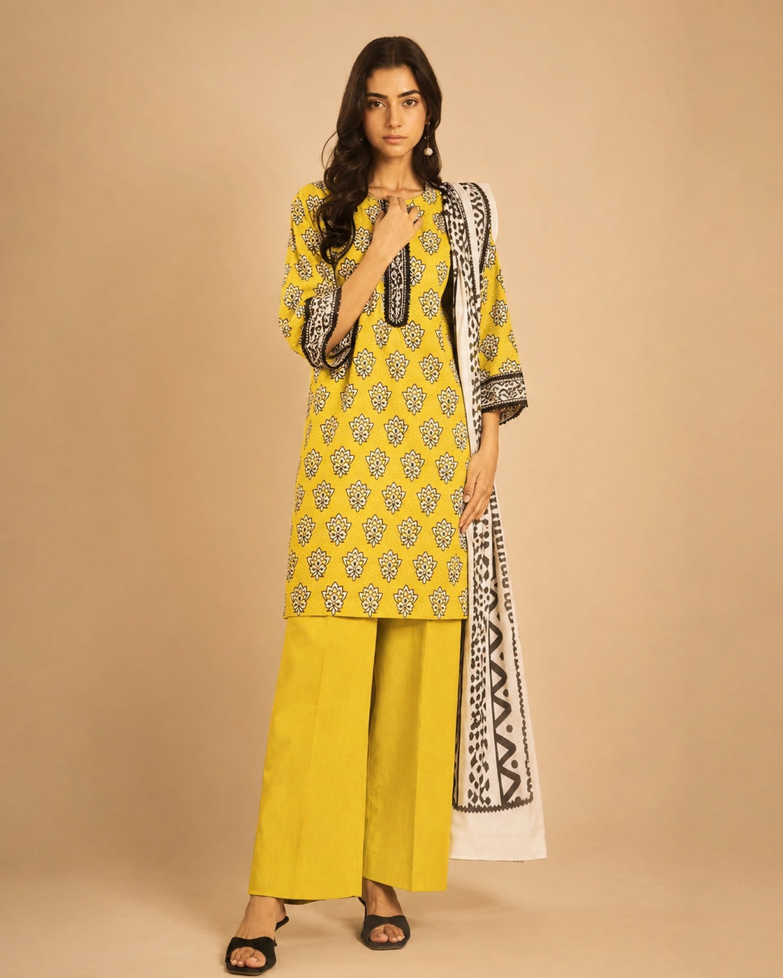 Alkaram Studio mustard yellow and black geometric printed lawn 2-piece front view
