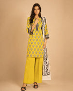 Alkaram Studio mustard yellow and black geometric printed lawn 2-piece front view