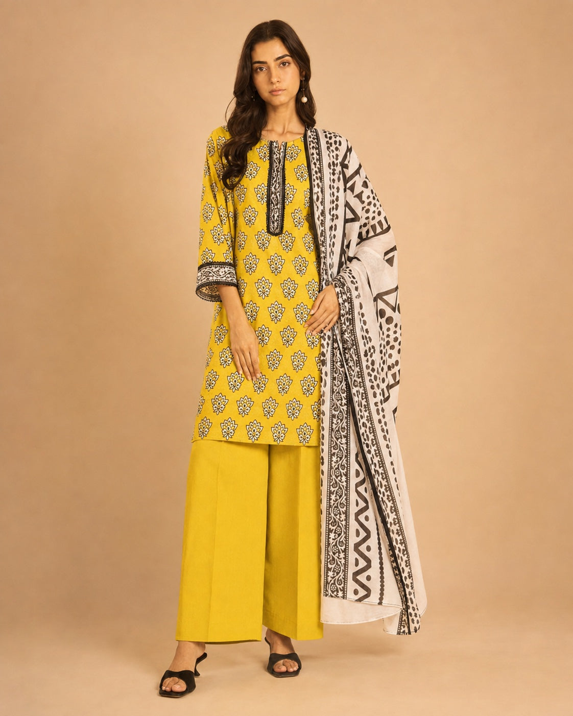 Alkaram Studio mustard yellow shirt with black and ivory printed dupatta