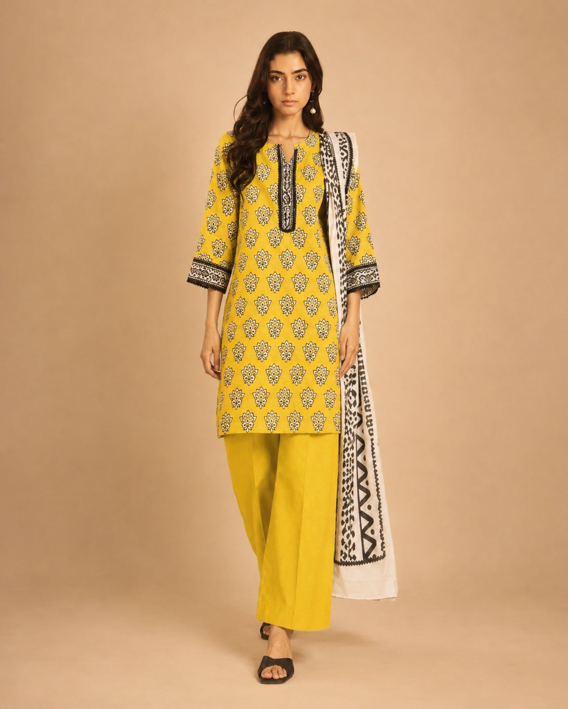 Alkaram Studio mustard geometric shirt and printed dupatta full-length view