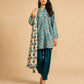 Alkaram Studio royal teal and ivory motif printed cambric 2-piece front view