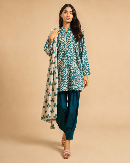 Alkaram Studio royal teal and ivory motif printed cambric 2-piece front view