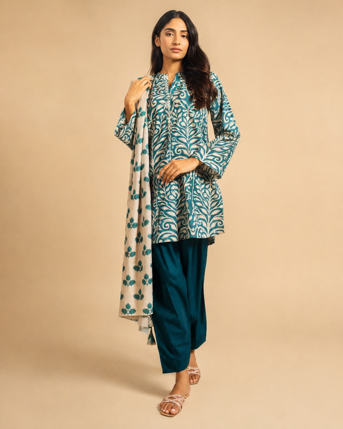 Alkaram Studio teal motif shirt with ivory printed dupatta