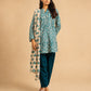 Alkaram Studio teal and ivory unstitched cambric suit styled view