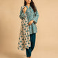 Alkaram Studio royal teal motif shirt and ivory dupatta full-length view