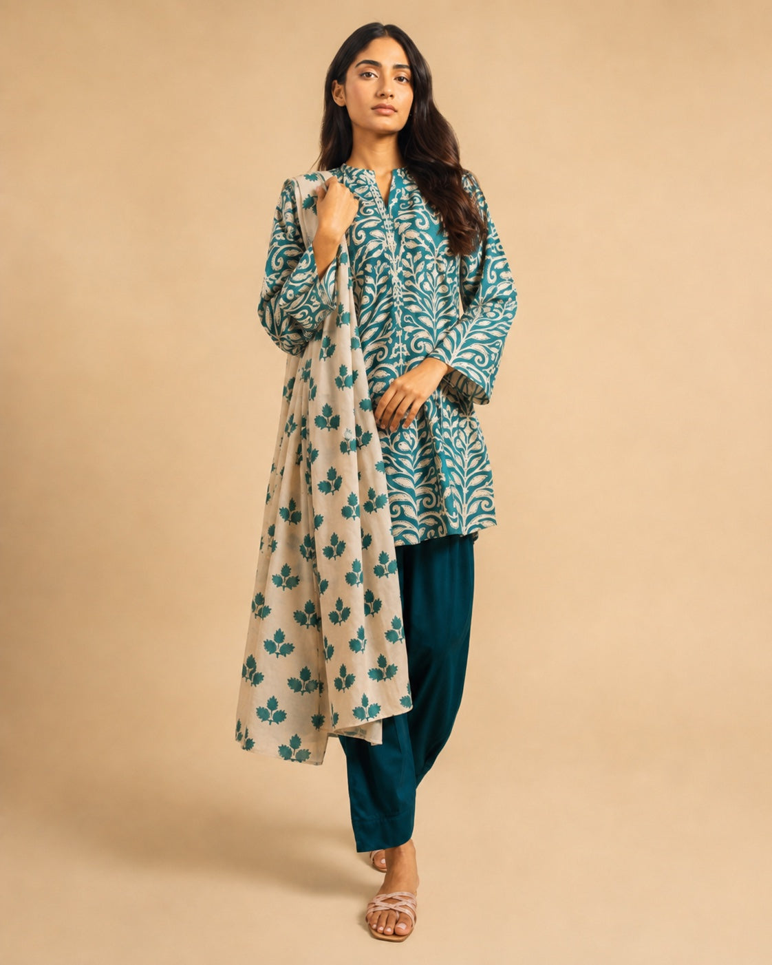 Alkaram Studio royal teal motif shirt and ivory dupatta full-length view