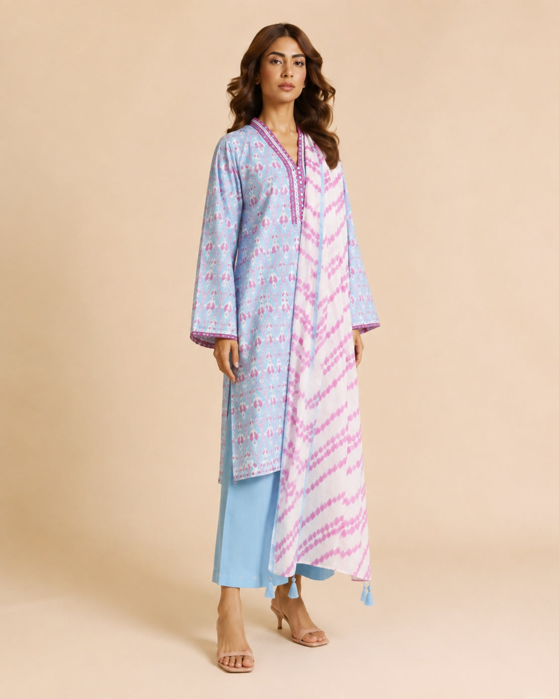 Alkaram Studio sky blue ikat shirt with pink striped dupatta