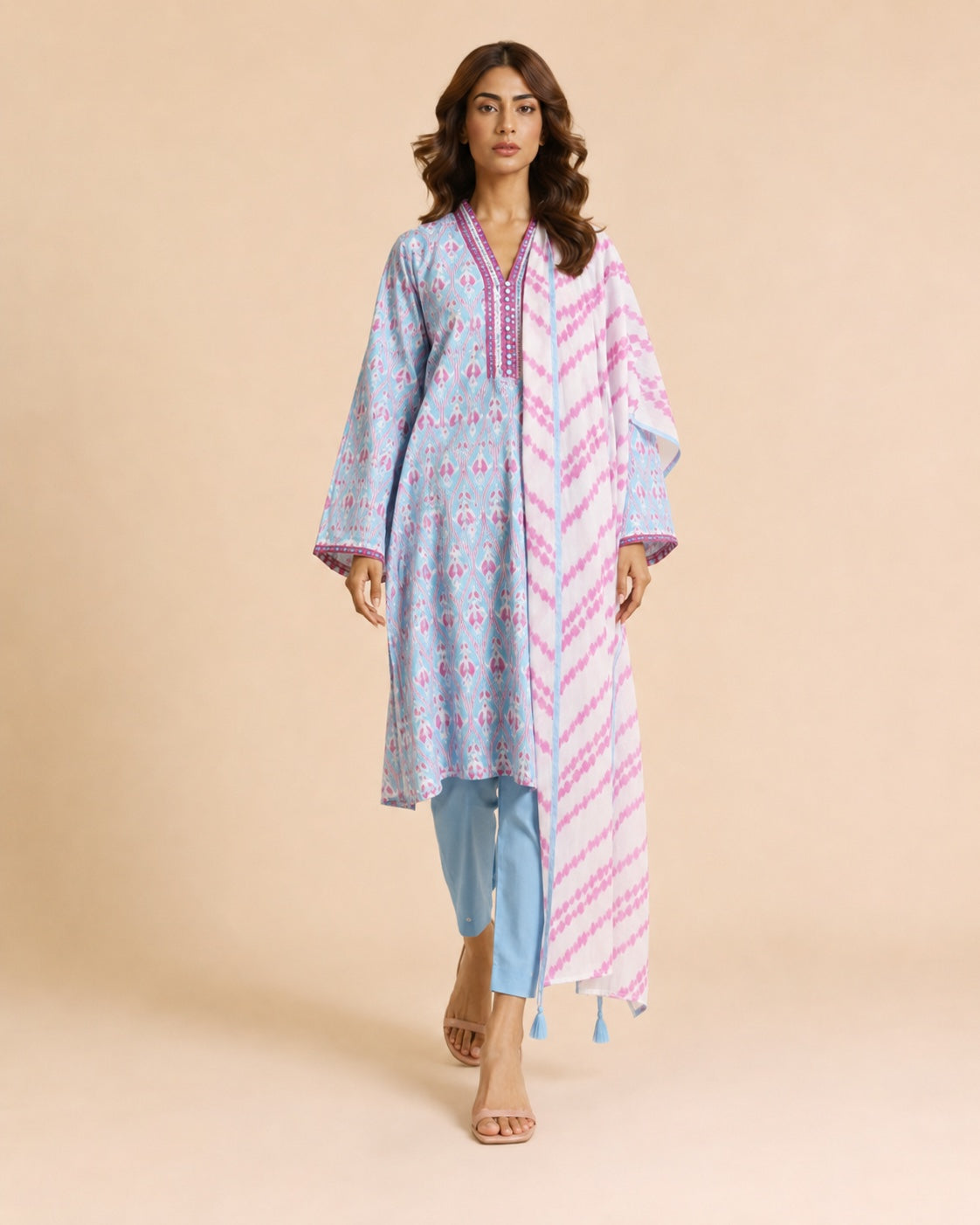 Alkaram Studio sky blue and pink unstitched cambric suit styled view