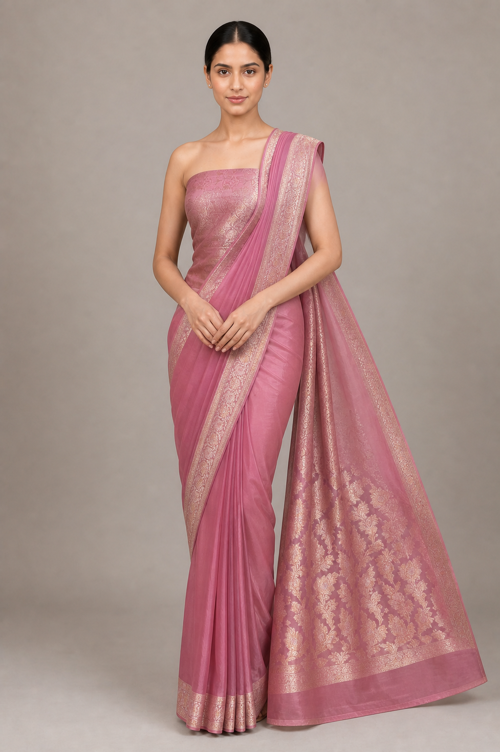 Banarasi Saree – Dusty Rose Floral Pallu front three-quarter view