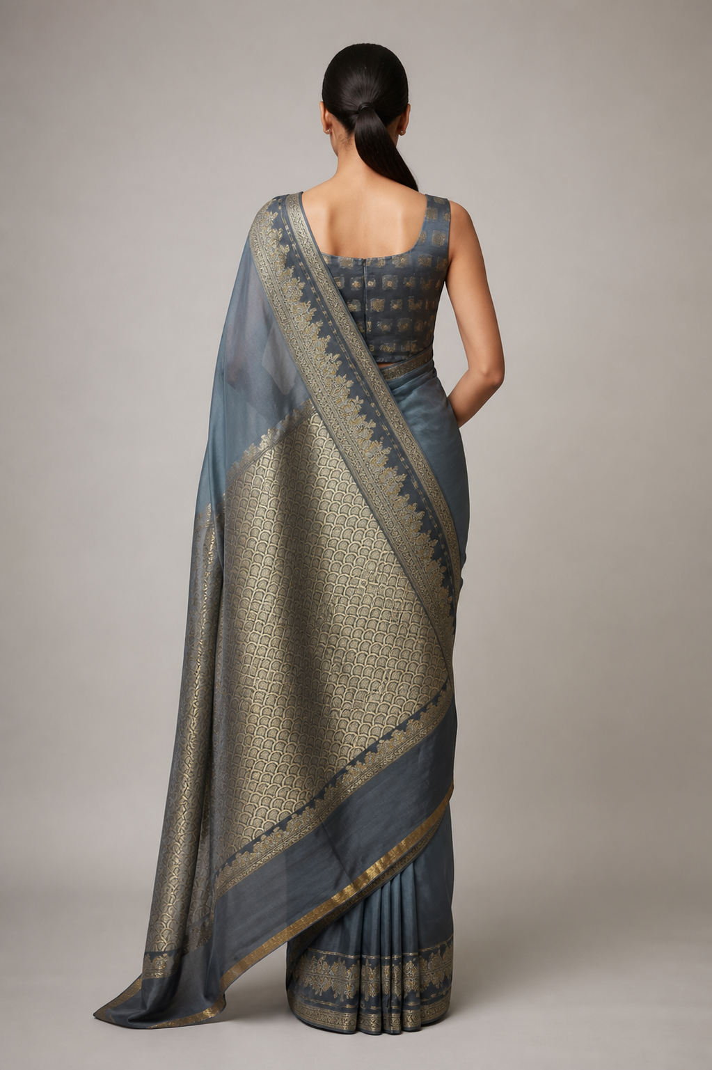 Banarasi Saree – Steel Blue Scallop Pallu full back view