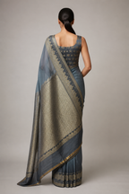 Banarasi Saree – Steel Blue Scallop Pallu full back view