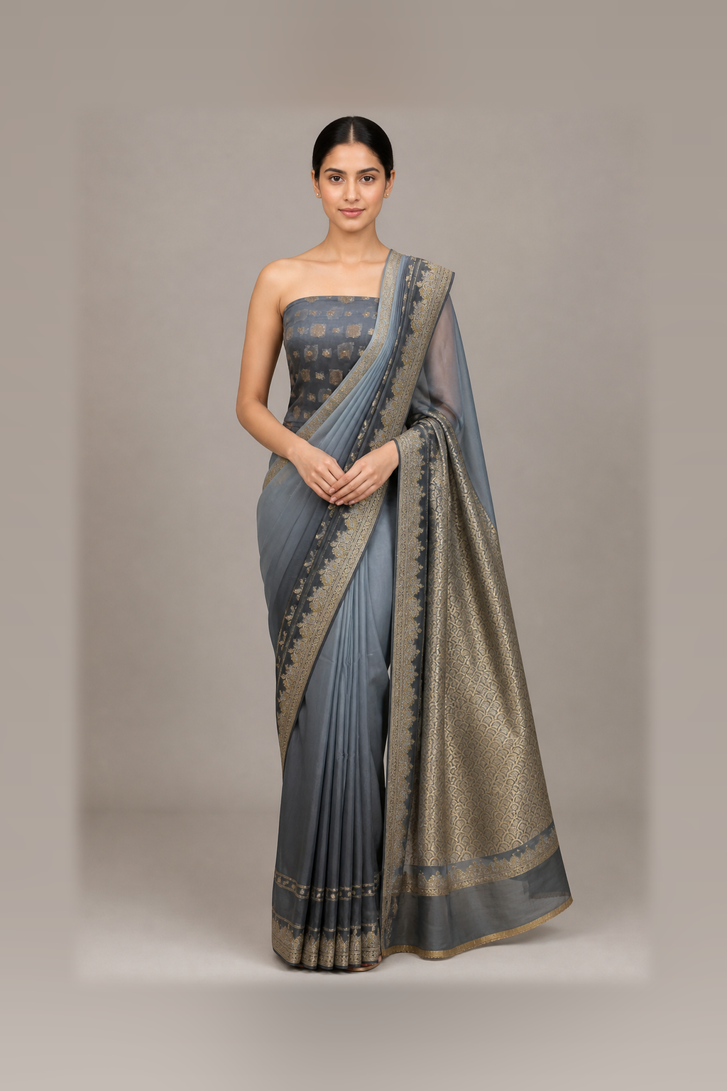 banarasi steel blue scallop pallu product image