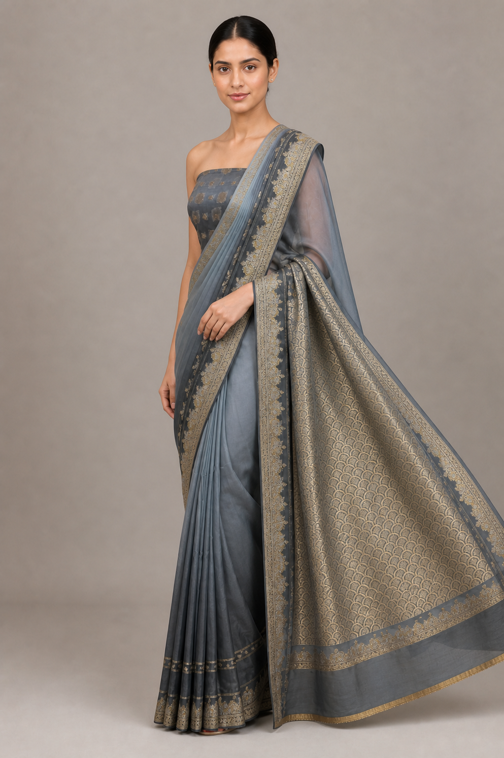 Banarasi Saree – Steel Blue Scallop Pallu side-front fabric view