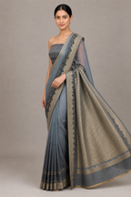 Banarasi Saree – Steel Blue Scallop Pallu side-front fabric view