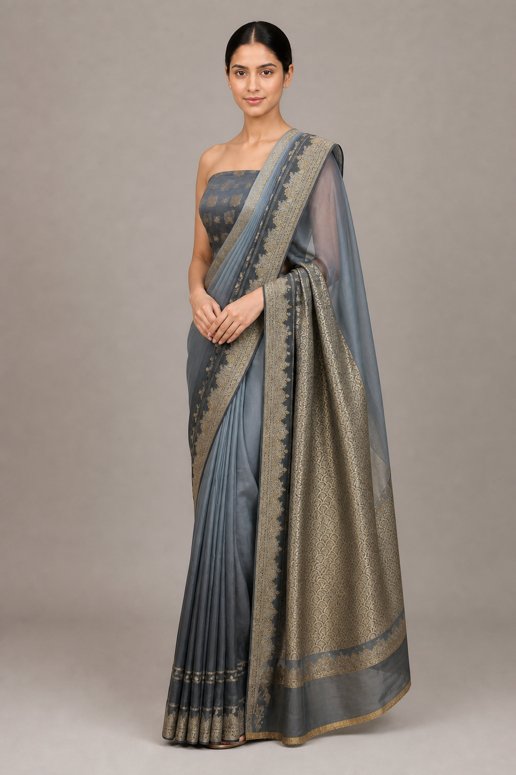 Banarasi Saree – Steel Blue Scallop Pallu front three-quarter view