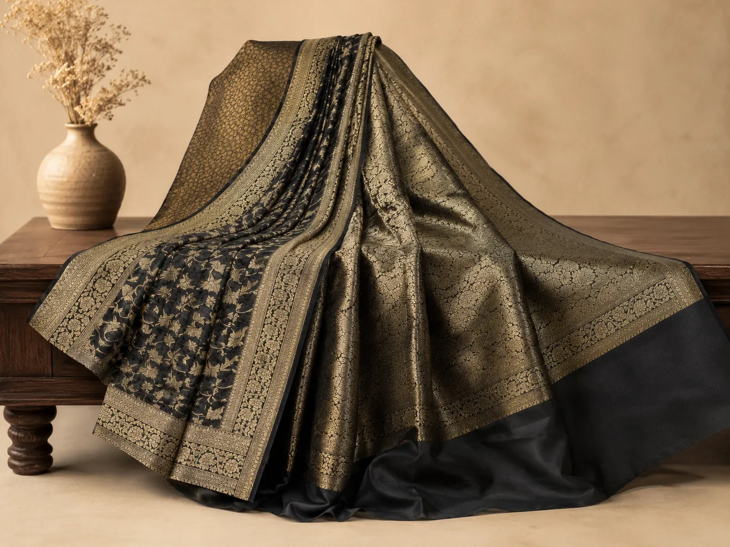 Black and antique gold Banarsi Georgette Chiffon Booti saree fabric display