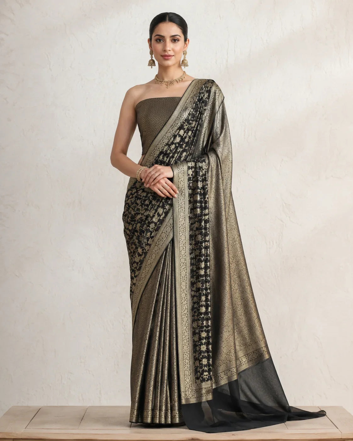 Banarsi Georgette Chiffon Booti saree in black and antique gold full front view