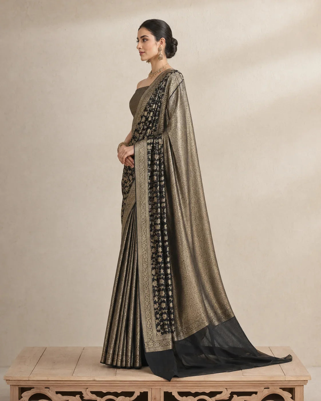 Black and antique gold Banarsi Georgette Chiffon Booti saree side view
