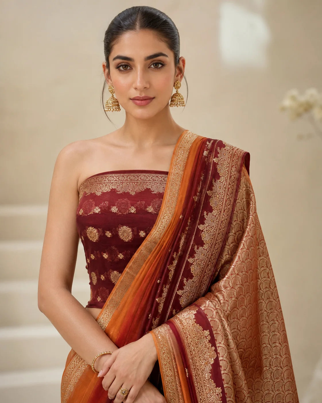 Maroon and rust Banarsi Chiffon Booti saree drape detail