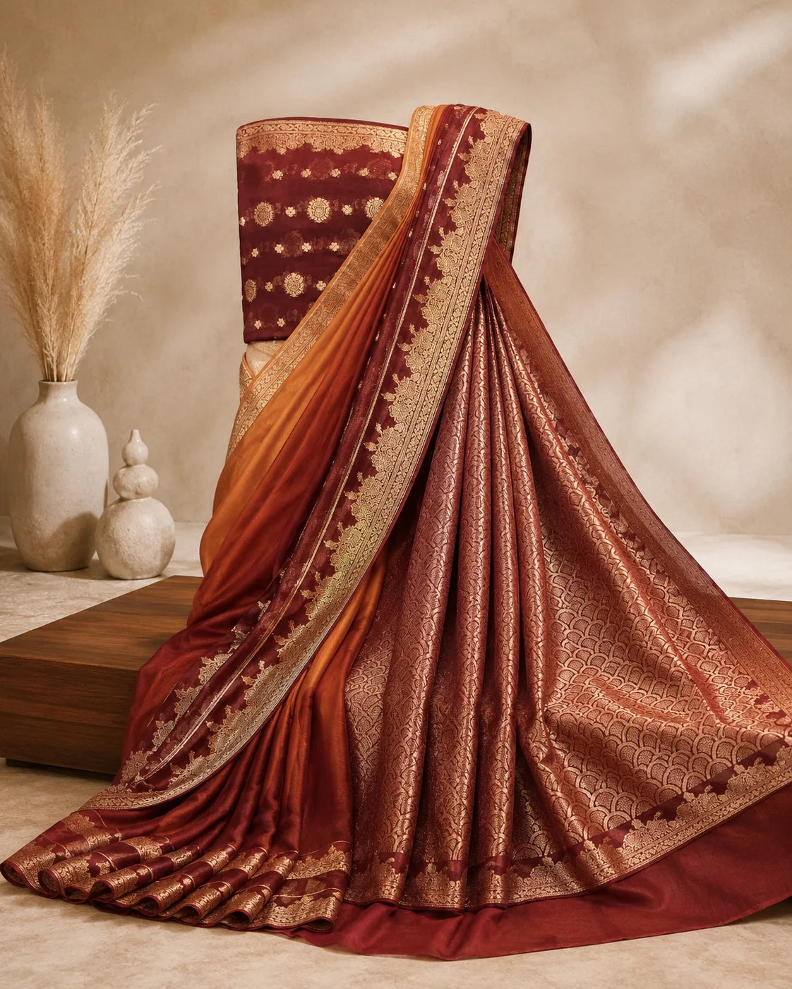 Maroon and rust Banarsi Georgette Chiffon Booti saree fabric display