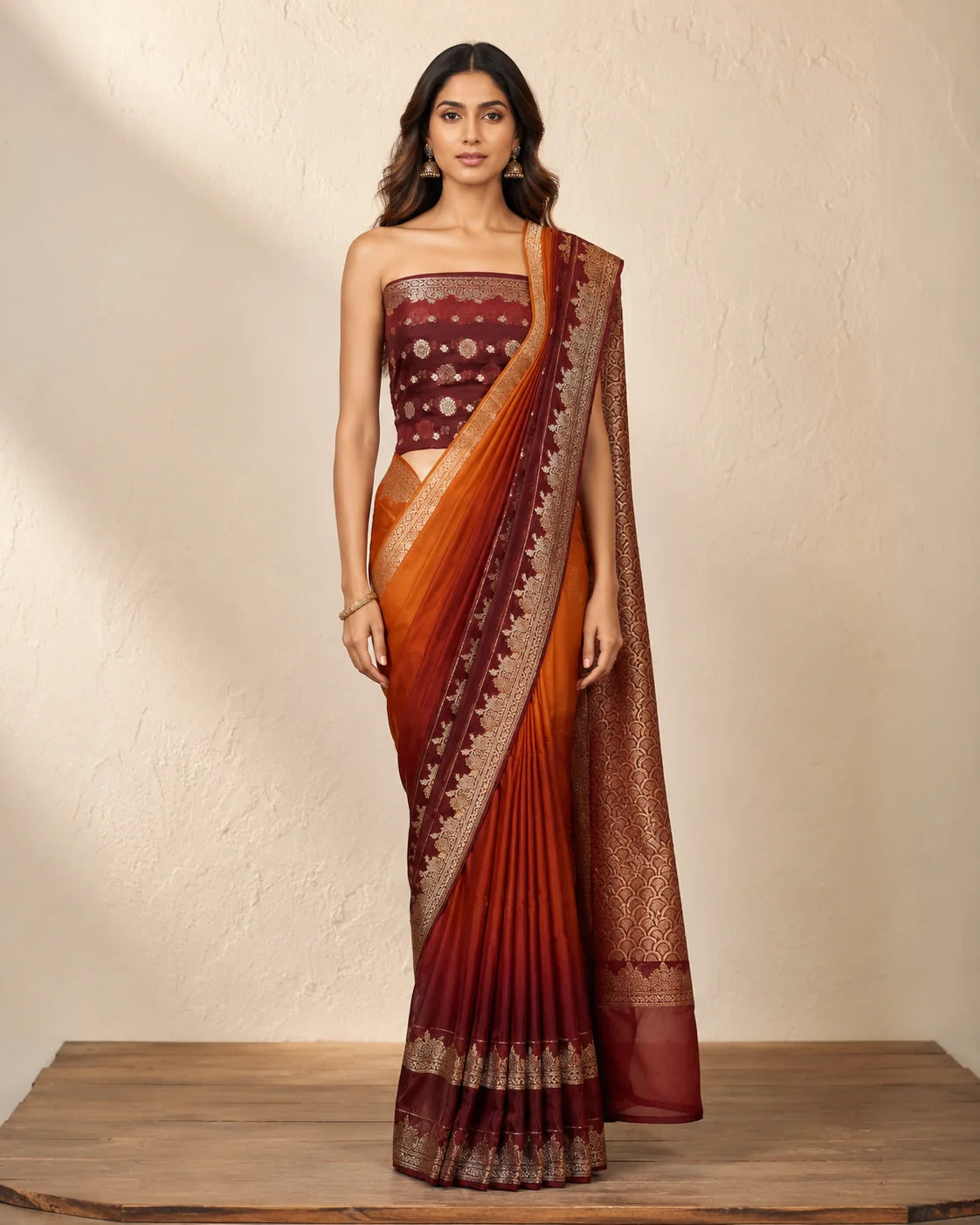 Banarsi Georgette Chiffon Booti saree in maroon and rust full front view
