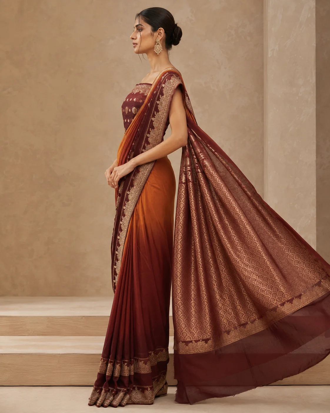 Maroon and rust Banarsi Georgette Chiffon Booti saree side view