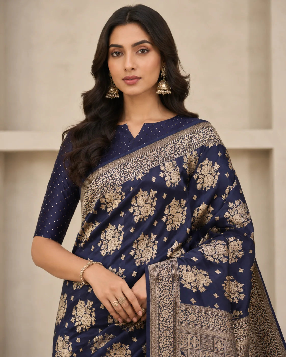 Navy blue Banarsi Chiffon Booti saree woven detail