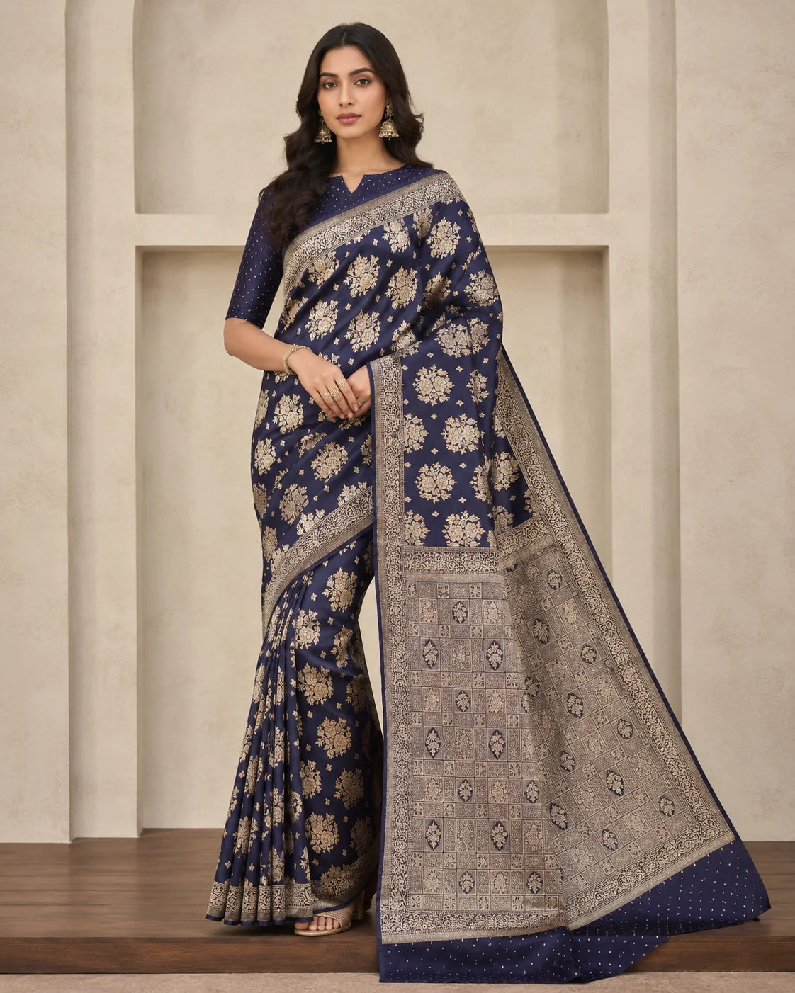 Banarsi Georgette Chiffon Booti saree in navy blue full front view
