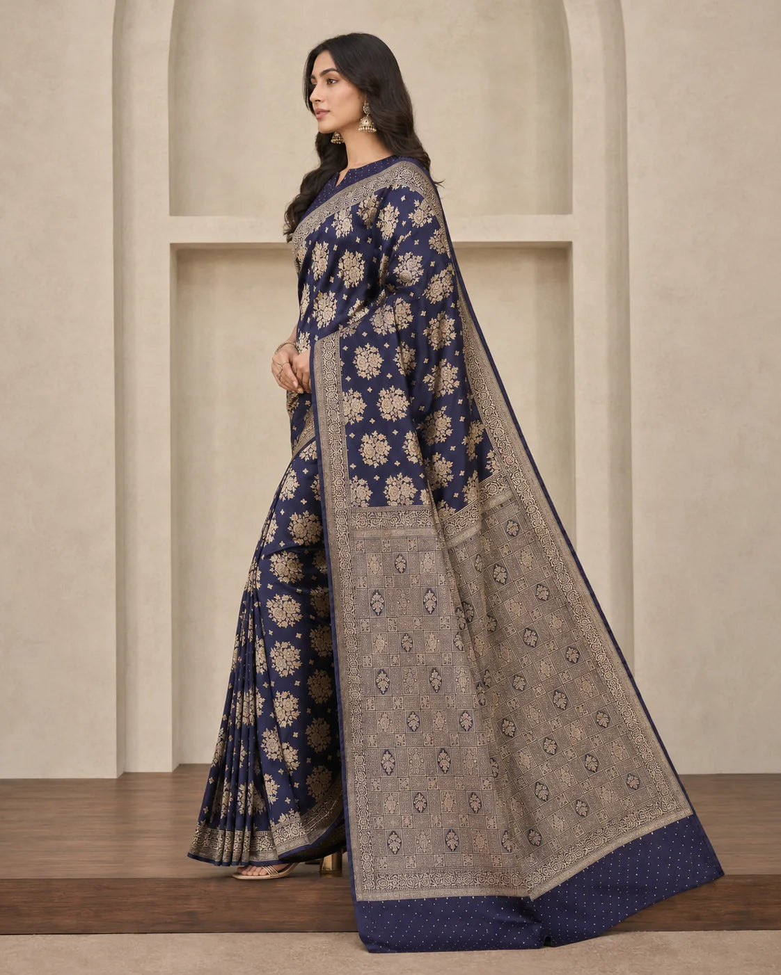 Navy blue Banarsi Georgette Chiffon Booti saree side view