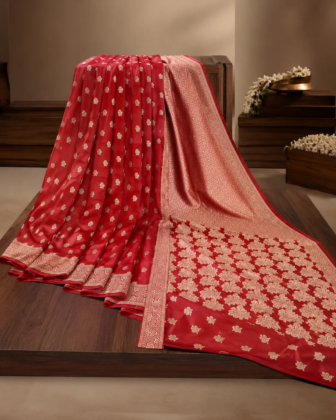 Red Banarsi Georgette Chiffon Booti saree fabric display
