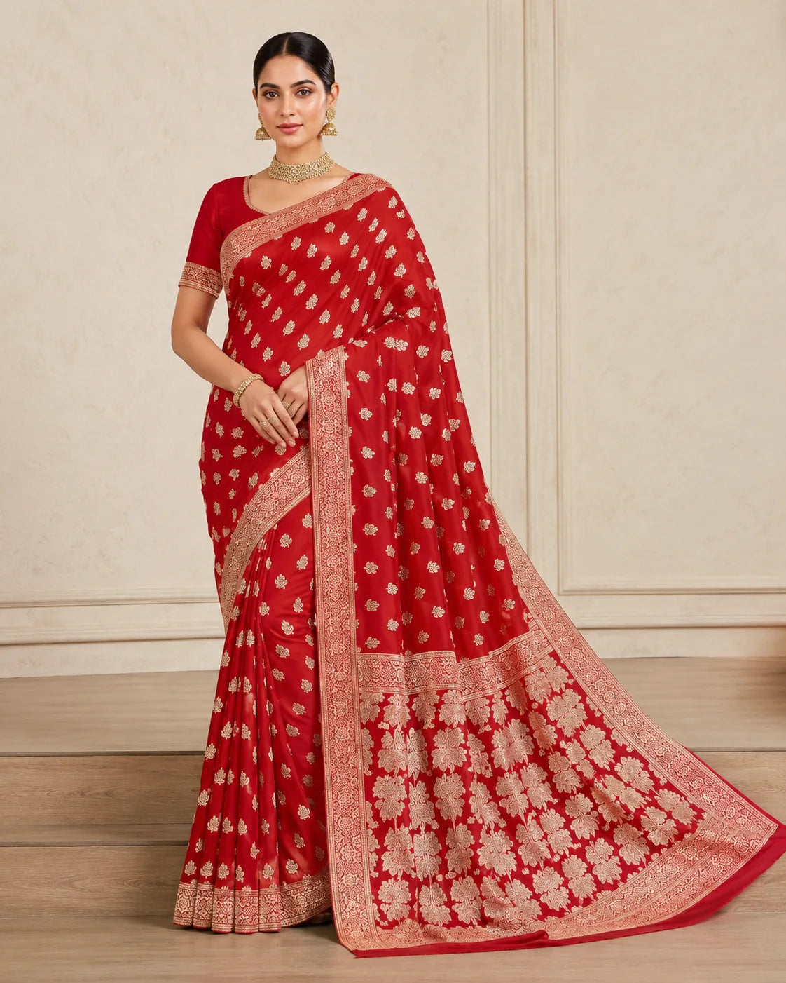 Banarsi Georgette Chiffon Booti saree in red full front view