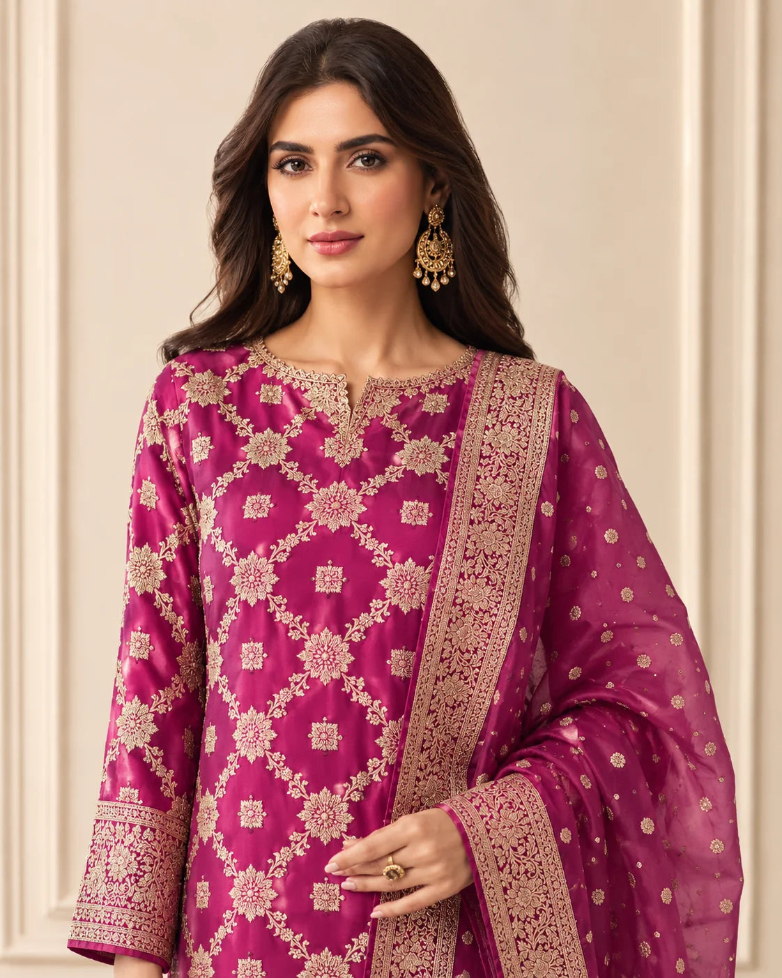 Magenta Banarsi Viskos Shifon shirt and dupatta detail